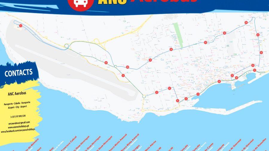 Mapa Trajecto Paragens ANC AeroBus - Ponta Delgada - São Miguel, Açores